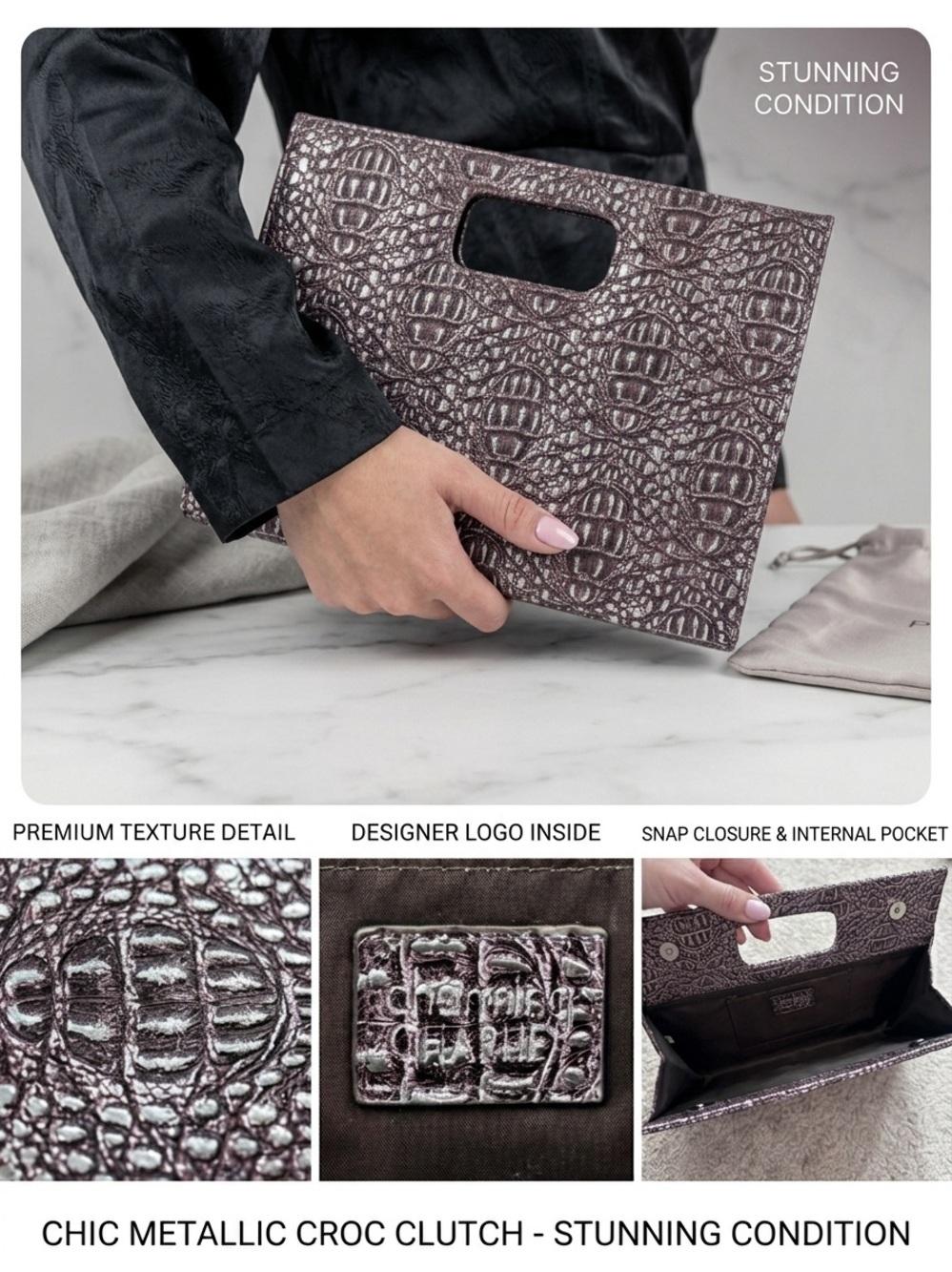 Plum Croc-Embossed Foldover Clutch with Interior Pocket